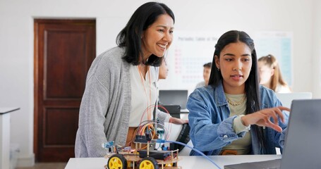 Poster - Technology, car robotics and student on laptop, teacher and help with project in classroom, education or learning with electronics. Innovation, school kid and science class for transport knowledge