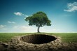 A hole and a tree represent responsible land use in the regenerative agriculture concept. Generative AI