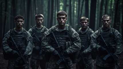 Wall Mural - Group of young soldiers in military uniform standing in a forest.