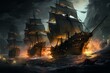 Digital illustration of medieval ships in rough waters at night. Large sails of warship vessels in a dramatic cinematic scene. Exploration and adventure concept art. Generative AI