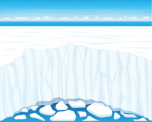 vector illustration of a view of the vast expanse of ice cliffs at the north pole and you can see small pieces of ice floating in the blue sea and there is a blue sky and clouds