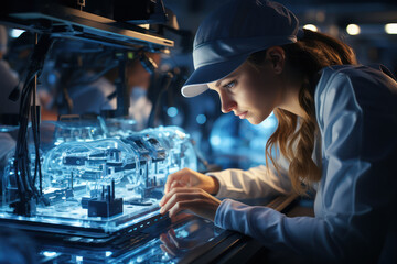 Poster - A scientist in a clean room working on advanced technology, showcasing human innovation and progress. Concept of technological advancement. Generative Ai.