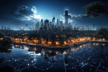 Aufkleber - a futuristic cityscape with interconnected data networks, emphasizing the role of technology and con