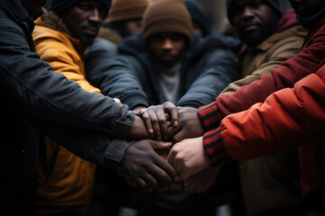 Poster - a community coming together to support one another in times of hardship, exemplifying resilience and