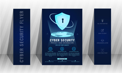 Cyber security mordent flyer template. Cybersecurity threats. Information safety booklet design with icons, Editable layouts.poppins and hacker 2 free fonts used.