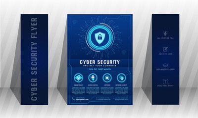 Cyber security mordent flyer template. Cybersecurity threats. Information safety booklet design with icons, Editable layouts.poppins and hacker 2 free fonts used.