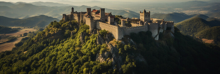 Wall Mural - Aerial view of sprawling medieval castle, nested in a mountainous terrain, dramatic shadows cast by turrets, vibrant summer foliage