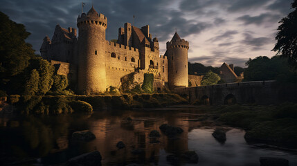 Wall Mural - medieval castle at dusk, surrounded by a moat, stone walls intact, torches lit, warm ambient lighting