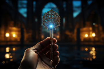Poster - A person holding a key, symbolizing the unlocking of knowledge and enlightenment through philosophical inquiry. Concept of philosophical enlightenment. Generative Ai.