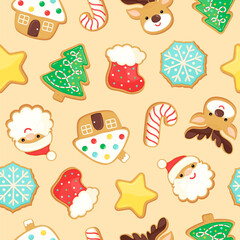 Wall Mural - Christmas sugar cookies seamless pattern. Cute gingerbread biscuits on tan background. Winter sugar cookie shapes with bright icing repeat design. For textile print, home decor cloth, wrapping paper. 