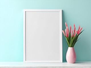 Empty photo frame mock up with flowers in a vase on blue wall