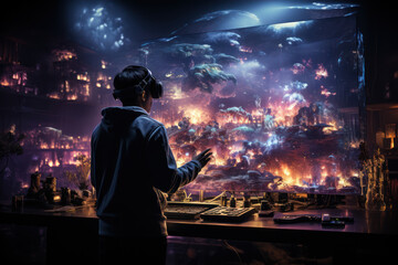 Poster - A person exploring the virtual world of a computer simulation, blurring the boundaries between reality and fiction. Concept of virtual reality. Generative Ai.