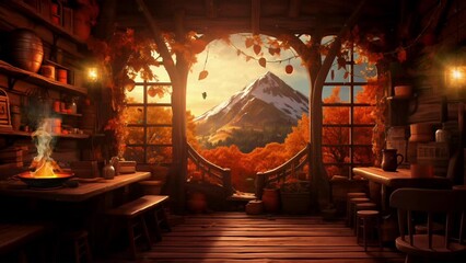 retro cozy autumn fantasy porch with blowing fall leaves, distant mountain, steaming mug, and provis