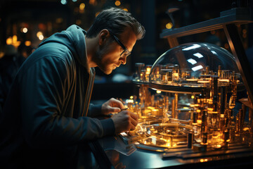 Poster - A scientist peering through a microscope, unraveling the mysteries of the microcosm. Concept of scientific inquiry. Generative Ai.
