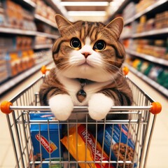 cat shopping cart in supermarket