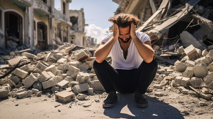 Healing the Heart: Grieving Man in Ruined Urban Setting after bombing, Generative AI