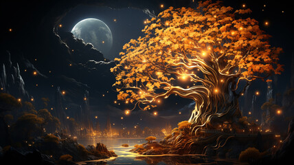 Wall Mural - fantasy forest with trees and moon