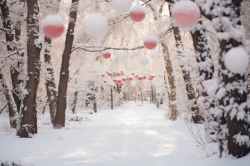 snow-covered park or forest with bright Christmas decorations