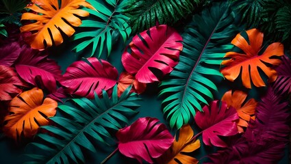 Wall Mural - Creative fluorescent color layout made of tropical leaves. Flat lay neon colors. Nature concept.. Ai Generated