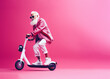 Modern Santa Claus racing on an electric scooter, against a minimal pink background, with vibrant, cheerful colors.
