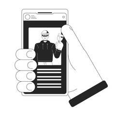 Poster - holding smartphone bw concept vector spot illustration. stealing identity. cyber thief 2d cartoon fl
