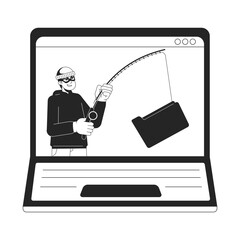 Poster - Thief hooking folder laptop screen bw concept vector spot illustration. Phishing attack. Crime 2D cartoon flat line monochromatic character for web UI design. Editable isolated outline hero image