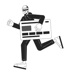 Poster - Thief stealing credit card bw concept vector spot illustration. Credit card fraud. Banking 2D cartoon flat line monochromatic character for web UI design. Editable isolated outline hero image