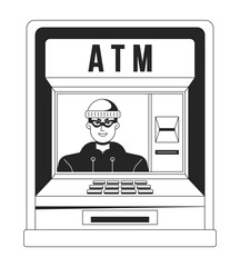 Poster - ATM fraud bw concept vector spot illustration. Thief stealing money. Online banking 2D cartoon flat line monochromatic object for web UI design. Cybercrime editable isolated outline hero image