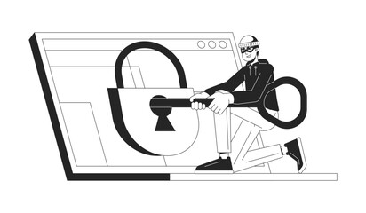 Poster - Hacking padlock bw concept vector spot illustration. Laptop. Man with key trying to open 2D cartoon flat line monochromatic character for web UI design. Cybercrime editable isolated outline hero image