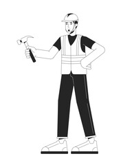Poster - european repairman holding hammer black and white 2d line cartoon character. caucasian adult man car