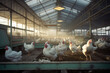 a large poultry farm, a lot of chickens walking around the poultry house