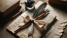 Vintage Handwritten Letters Tied With A Ribbon, Placed Next To An Old Quill And Ink Pot.