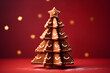 © SM.Art - Fun and Festive Christmas cookie tree made of star biscuits ornaments. Creative Xmas and New Year holiday season decoration. Stylish banner idea. Isolated Christmas tree on sparkling red background
