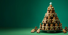 Sweet And Stylish Creative Christmas Tree Made Of Gingerbread Man Cookies. Festive Xmas And New Year Holiday Season Decorating Idea, Trendy Banner Design On Green Background.