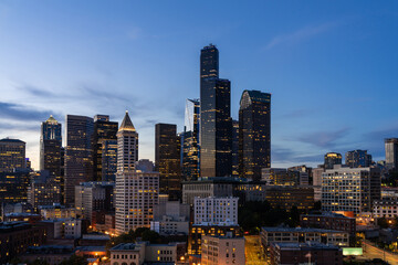 Seattle aerial skyline panorama of downtown at sunset, Washington USA.