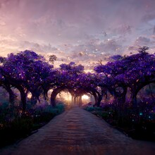 Environment Fairy Forest Of Purple Jacaranda Trees In Full Bloom Mosaic Glass Path Fantasy Hyperrealistic Beautiful Sunset Unreal Engine Octane Render 