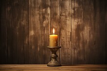 Vintage Candleholder With Lit Candle Against Aged Wood Backdrop. Generative AI