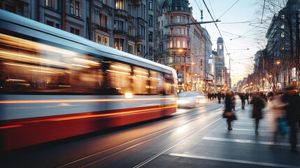 City shot in the evening during rush hour with strong motion blur, symbolic of the modern fast pace and hustle and bustle in everyday life and at work