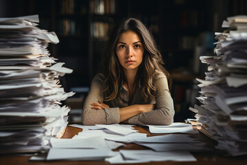 Tired accountant making calculations analyzing data. Business woman in suit working at the desk on his workplace at office with pile of folders and stack of papers. Reports time. Busy period.