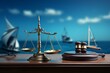 3D rendering of maritime legal scene: blue backdrop, boat, and judicial gavel. Generative AI