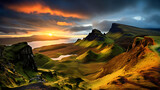 Fototapeta Natura - Quiraing mountains sunset at Isle of Skye, Scottland, United Kingdom