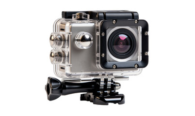 action camera in underwater protective case, png file of isolated cutout object with shadow on transparent background.