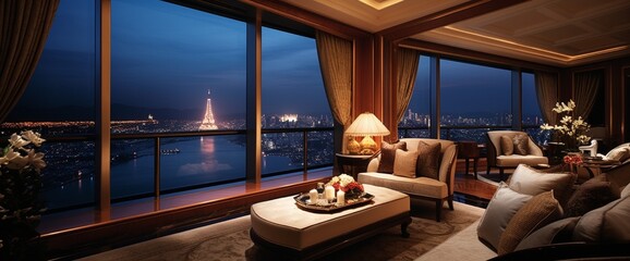 Sticker - A luxurious hotel suite with opulent decor, the expansive balcony view granting skyline copy space.