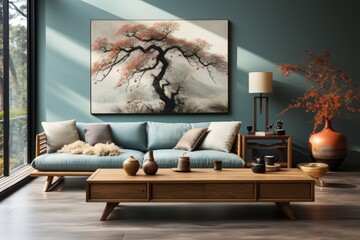 Wall Mural - Zen living room with minimalistic furniture, soothing colors, and Asian decor