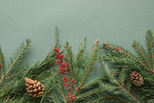 Overhead View Of An Arrangement Of Fir Branches, Berries And Pinecones On A Green Background