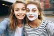 Two girls taking a selfie with their face masks. Generative AI.