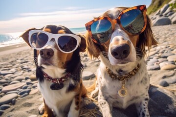 Canvas Print - Two dogs wearing sunglasses on a rocky beach. Generative AI.