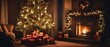 © vitaliygo - Christmas tree with presents and fireplace, wide photo