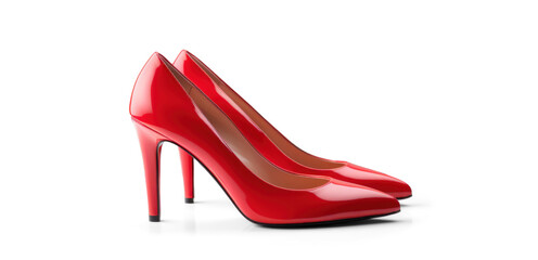 red women's classic leather heels, png file of isolated cutout object with shadow on transparent background.