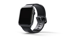 Wrist Smart Watch Mockup With Black Strap, Png File Of Isolated Cutout Object With Shadow On Transparent Background.